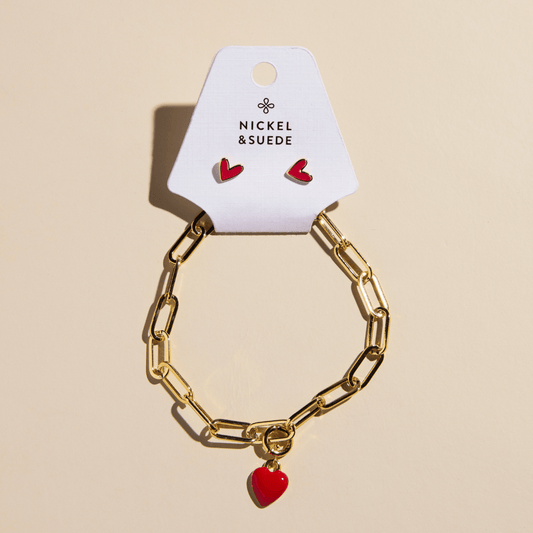 Red Heart Charm Bracelet and Stud Set