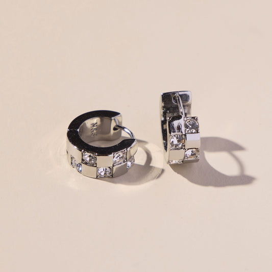 Silver Pavé Checkered Huggies