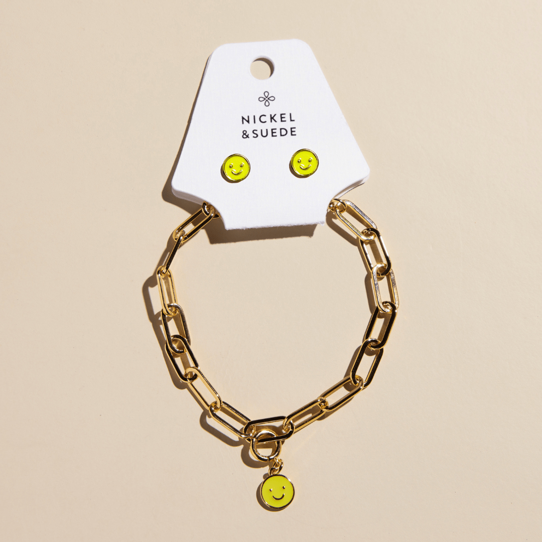 Smiley Charm Bracelet & Stud Set