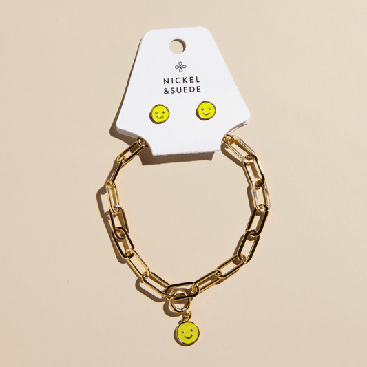 Smiley Charm Bracelet & Stud Set