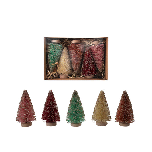 Sisal Bottle Brush Trees with Glitter & Wood Bases, Boxed Set of 5
