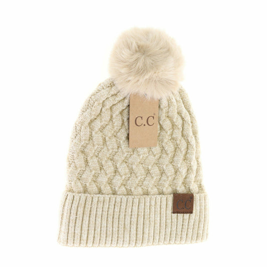 Woven Cable Knit Cuffed Matching Fur Pom CC Beanie