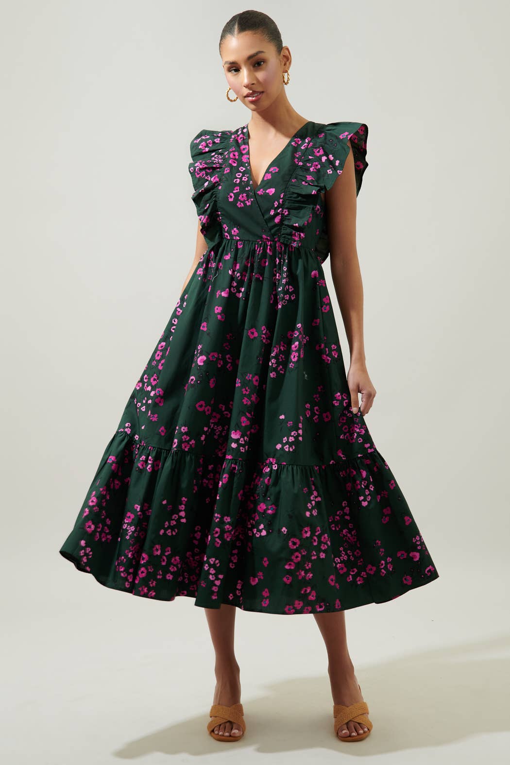 Anissa Floral Fairness Poplin Suplice Midi Dress